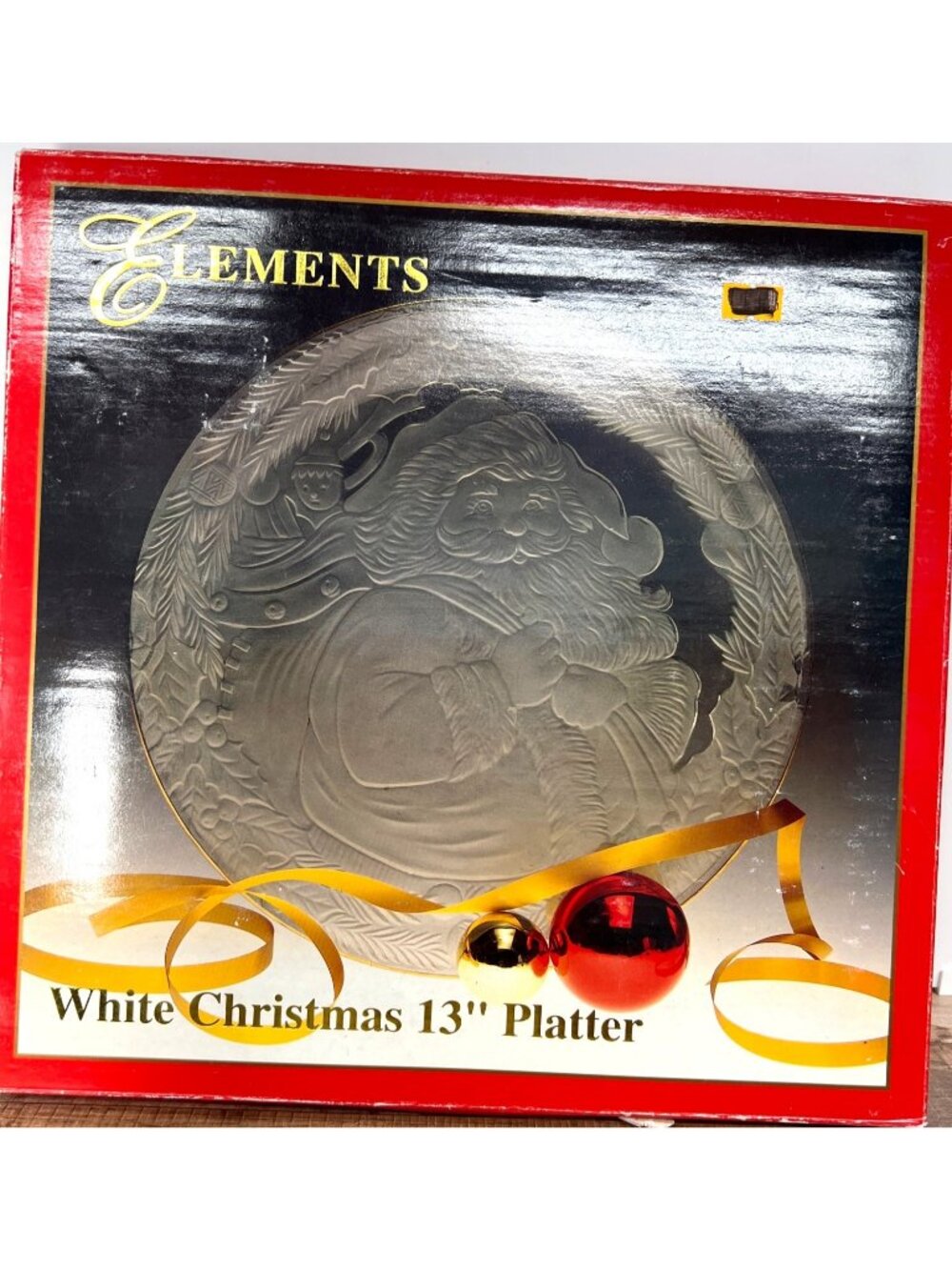 Elements White Christmas 13" Platter With Santa Frosted Glass & Gold Rim